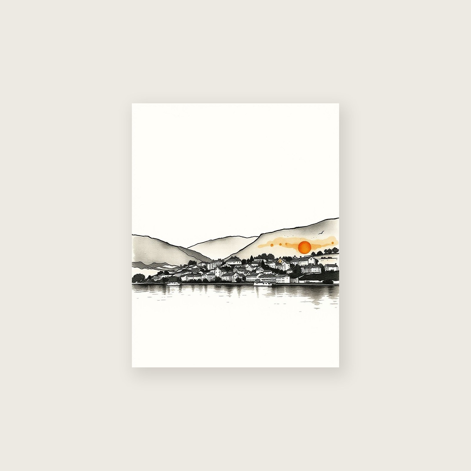 Coniston Water Ink Wash Wall Art - Framed Neutral & Beige Print, unframed print