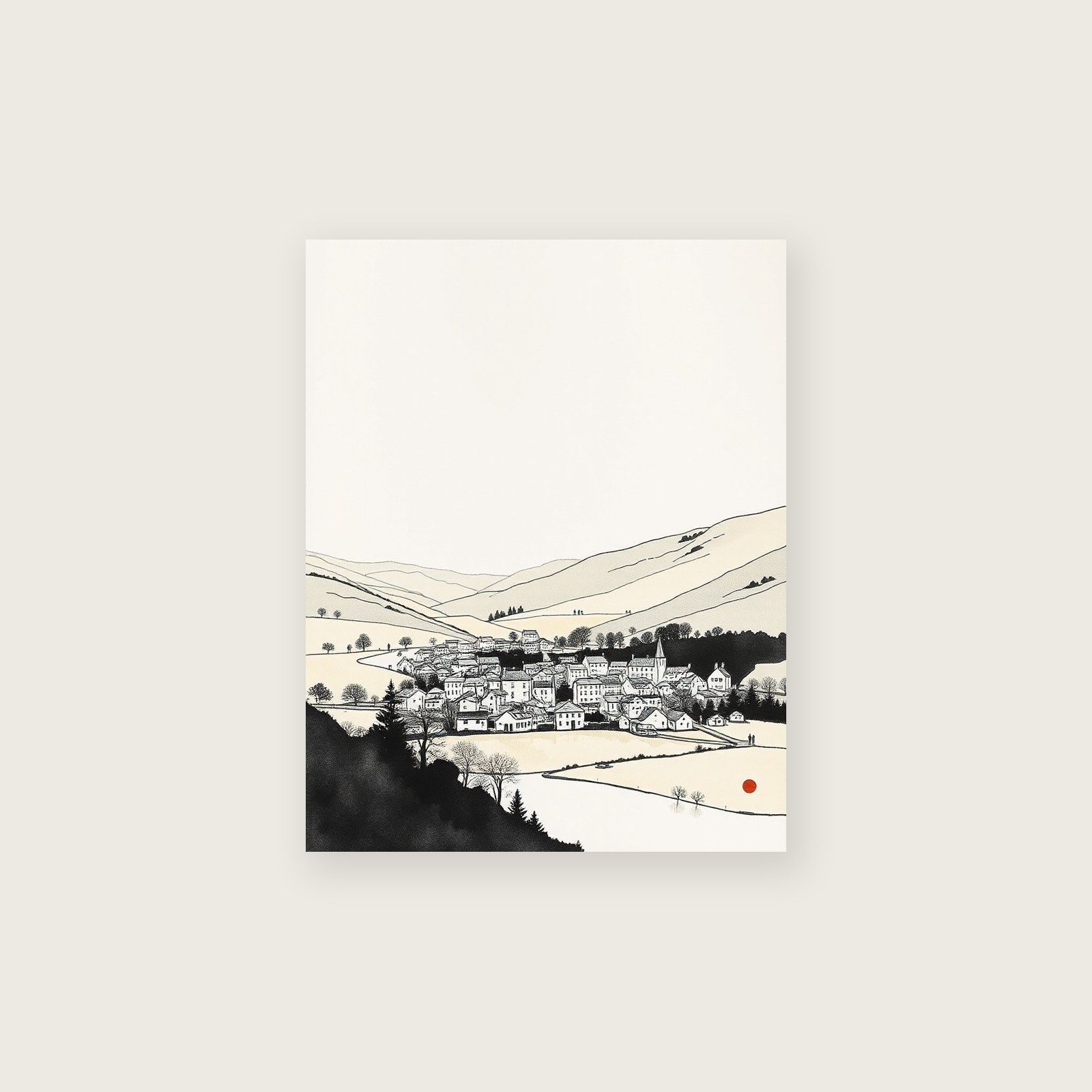Haweswater Landscape Wall Art - Framed Neutral & Beige Ink Wash Print, unframed print