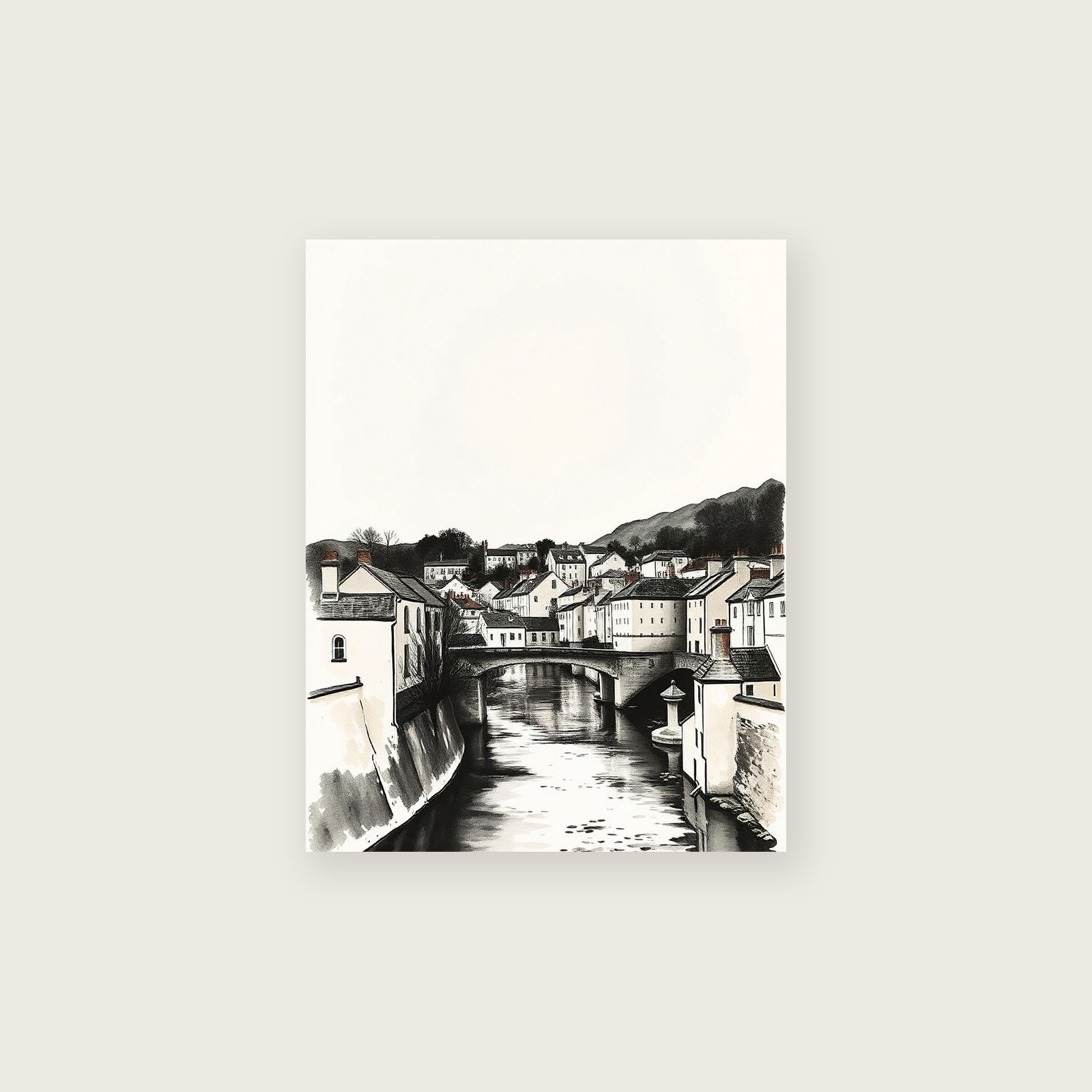 The River Wye at Symonds Yat Ink Wash Print - Framed Neutral & Beige Landscape Wall Art, unframed print