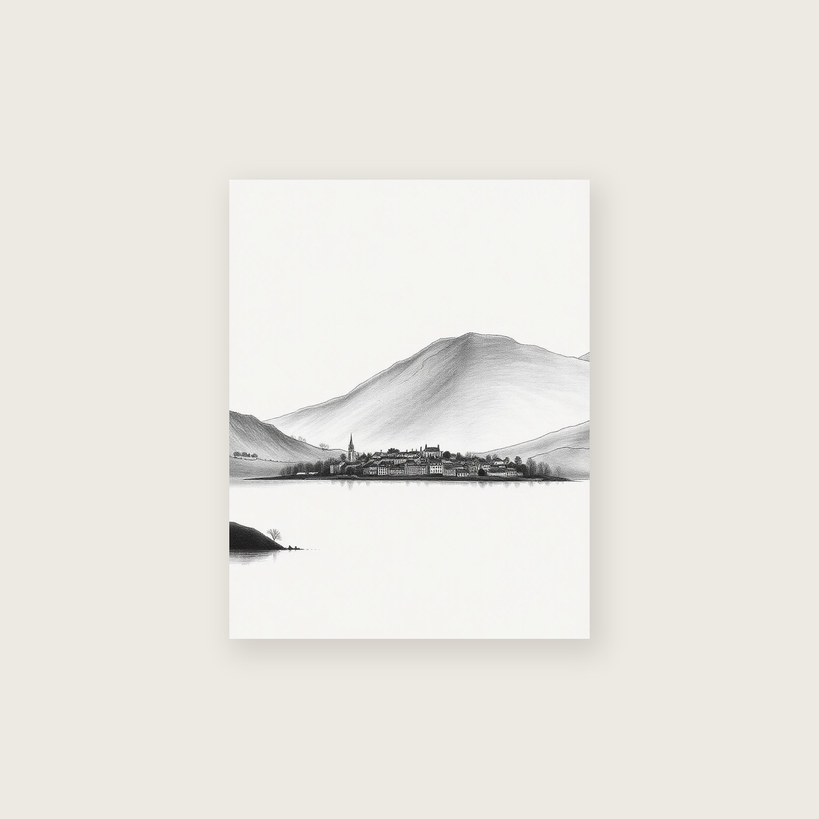 Framed Charcoal Print of Windermere - Black & White Landscape Wall Art, unframed print